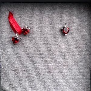 Heart Garnet Stud Earrings w/ Diamond AND Garnet V-Bale Pendant w/ Diamond